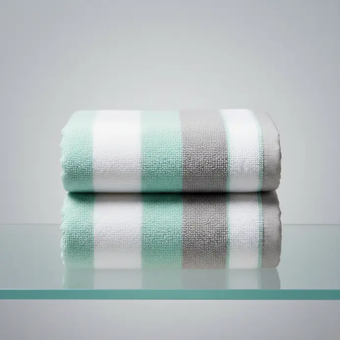 A white bath towel folded into a precise, crisp rectangle with clean edges and corners.