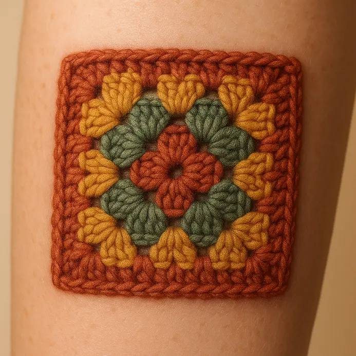 A vibrant realistic tattoo of a multi-colored granny square with intricate stitch loops on upper arm.