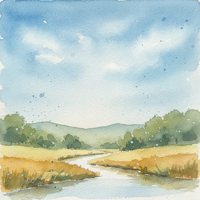 A soft watercolor painting of rolling hills under a pale sky, showing blended color transitions.