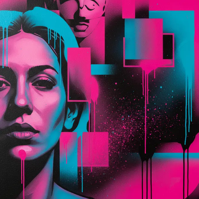 A colorful mural on a brick wall featuring graphic letterforms and sharp gradients applied with spray paint.