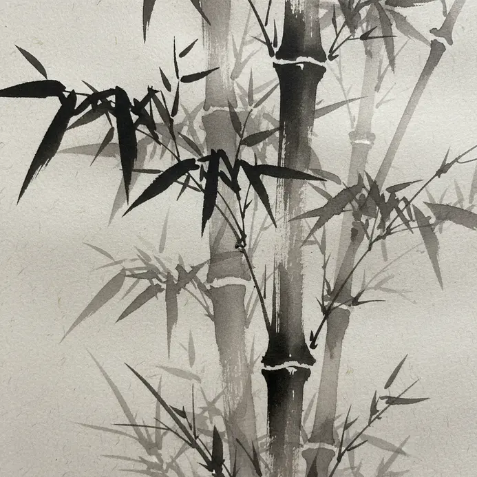 A monochromatic painting of bamboo stalks using ink wash, showing fluid, gestural brushwork and tonal gradations.