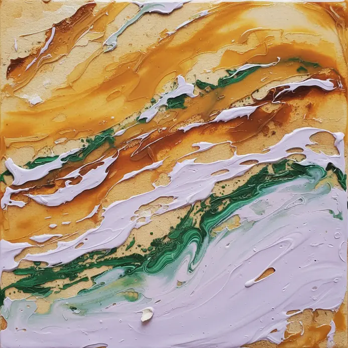 A mixed-media encaustic painting with a smooth, translucent surface and areas of embedded paper and pigment.