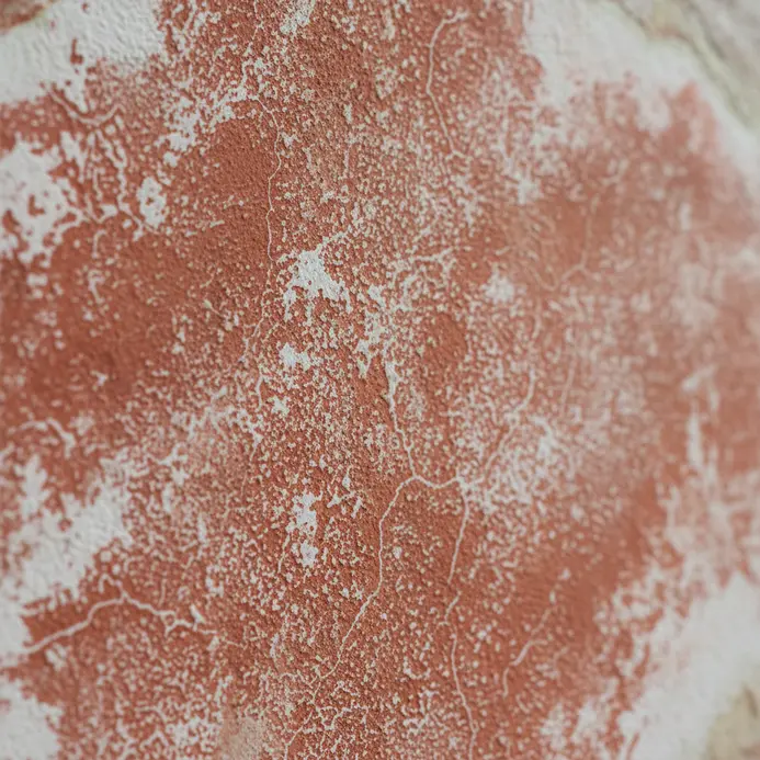 A close-up view of a fresco mural depicting a figure, with colors seamlessly integrated into the plaster wall.