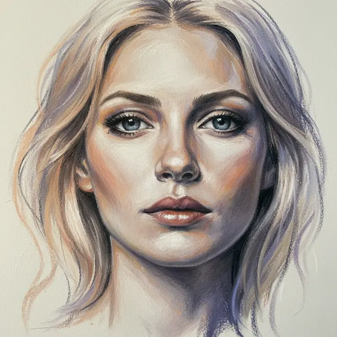 A lifelike portrait drawn with soft pastels on textured paper, showing smooth skin tones and blended highlights.