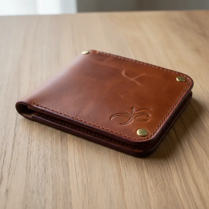 A close-up of a brown leather wallet with a cleanly embossed anniversary date in the corner.