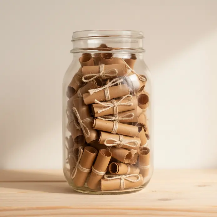A clear glass mason jar filled with colorful rolled paper slips tied with twine.