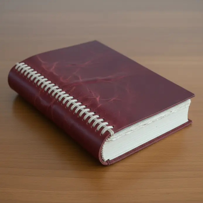 A rustic, hand-stitched journal with a soft leather cover and blank pages.