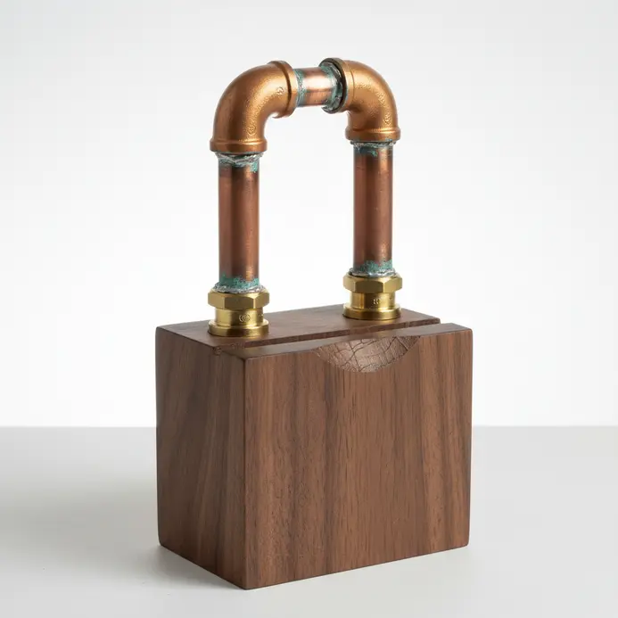 A small amplifier built from copper pipes and fittings, with a slot for a phone.