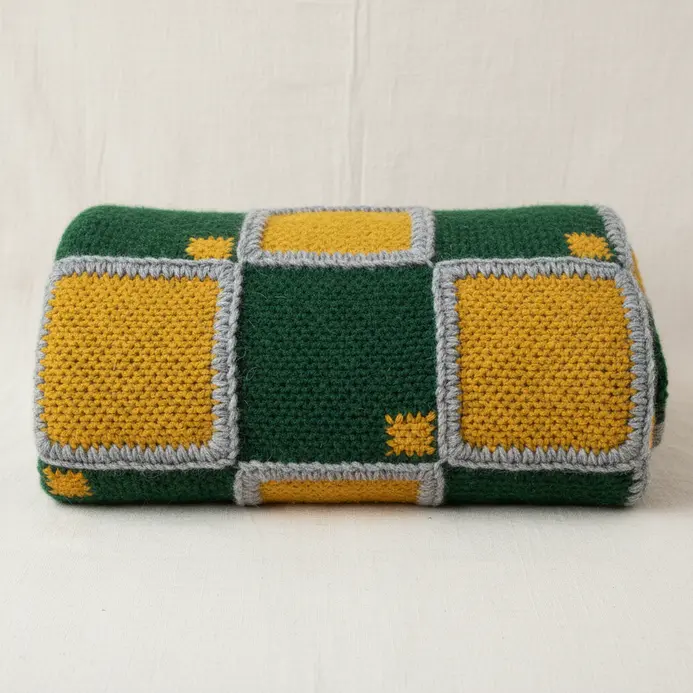 A textured throw blanket on a couch, composed of various colored knitted squares sewn together.