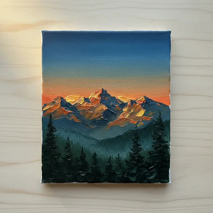 A small canvas painting showing a silhouette of mountain peaks against a sunset sky.