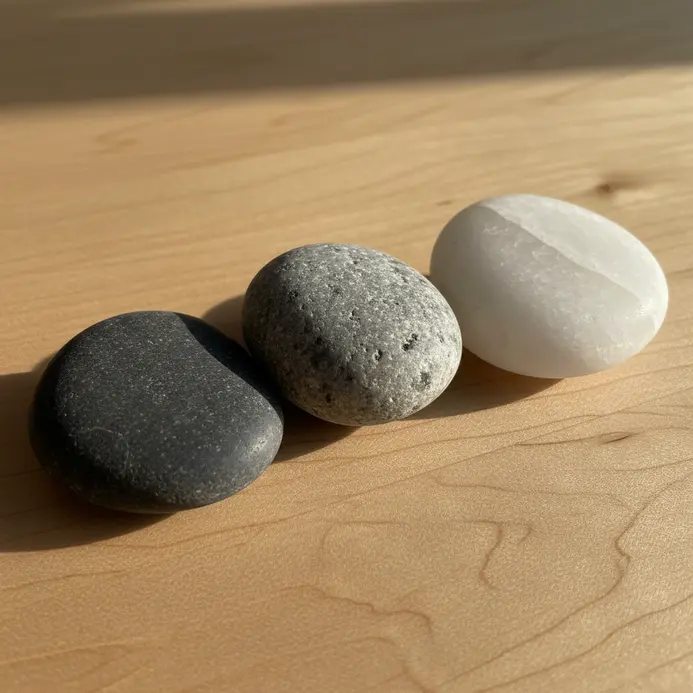 Three smooth, dark river stones of different sizes arranged on a wooden desk.