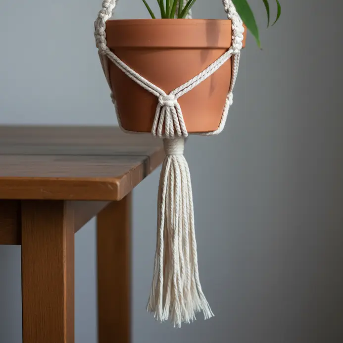 A detailed macrame plant hander made from natural cord, holding a terracotta pot.