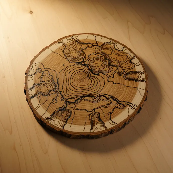 A rustic wood slice featuring a detailed, wood-burned map of a city or coastline.
