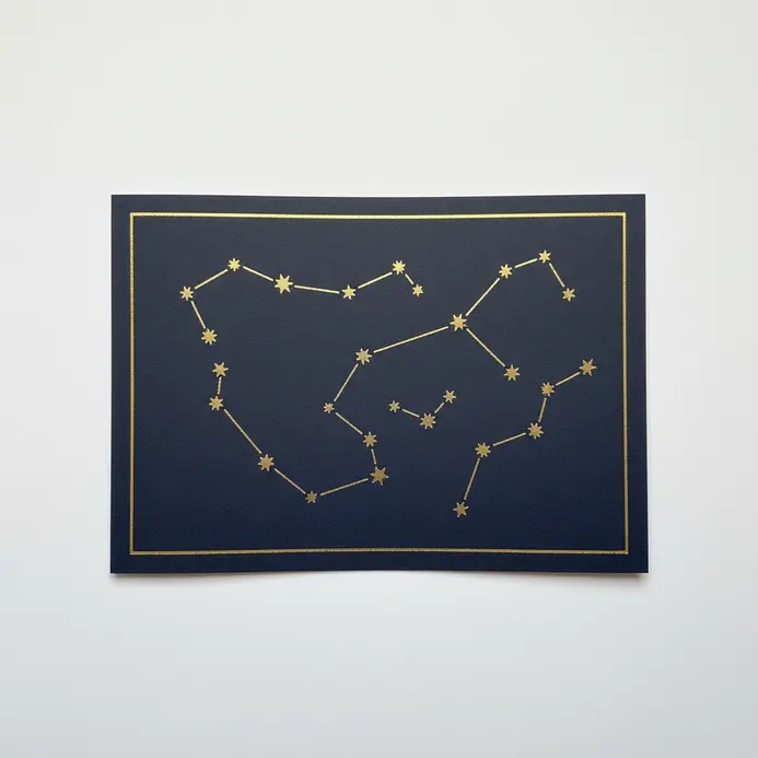 A dark blue print with delicate gold foil lines marking constellations from a specific date.