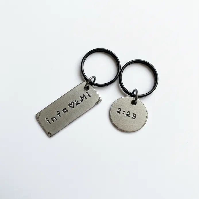 Two simple metal keychains side by side, each stamped with a single letter initial.