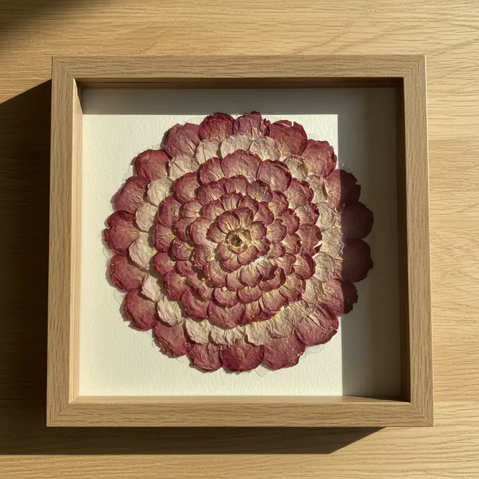 A deep frame holds an abstract heart shape composed of dried, colorful rose petals.