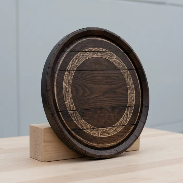 A circular, dark-stained wood plaque with a laser-engraved anniversary message and date.