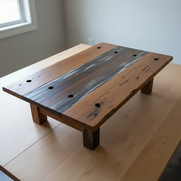 A wide coffee table with a distressed wood top made from reclaimed barnwood planks.
