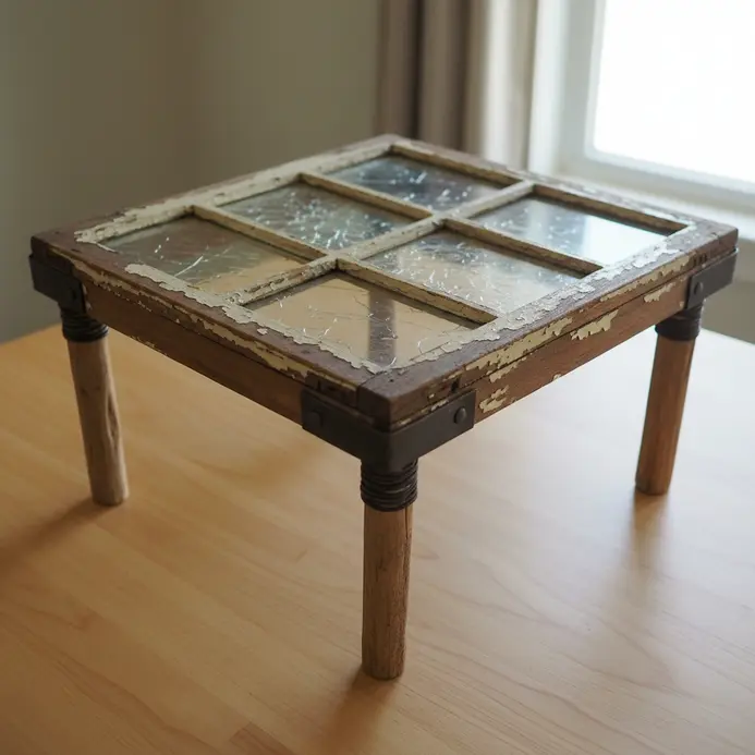 A coffee table featuring an old multi-pane window frame beneath a clear glass top.