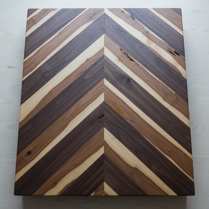 A rectangular coffee table top featuring a precise chevron pattern in contrasting wood tones.