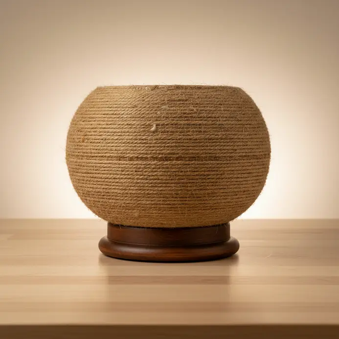 A circular wooden table with its central column wrapped tightly in natural jute rope.
