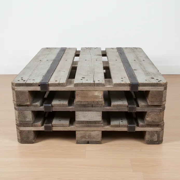 A solid coffee table constructed from layers of reclaimed pallet wood secured with metal straps.