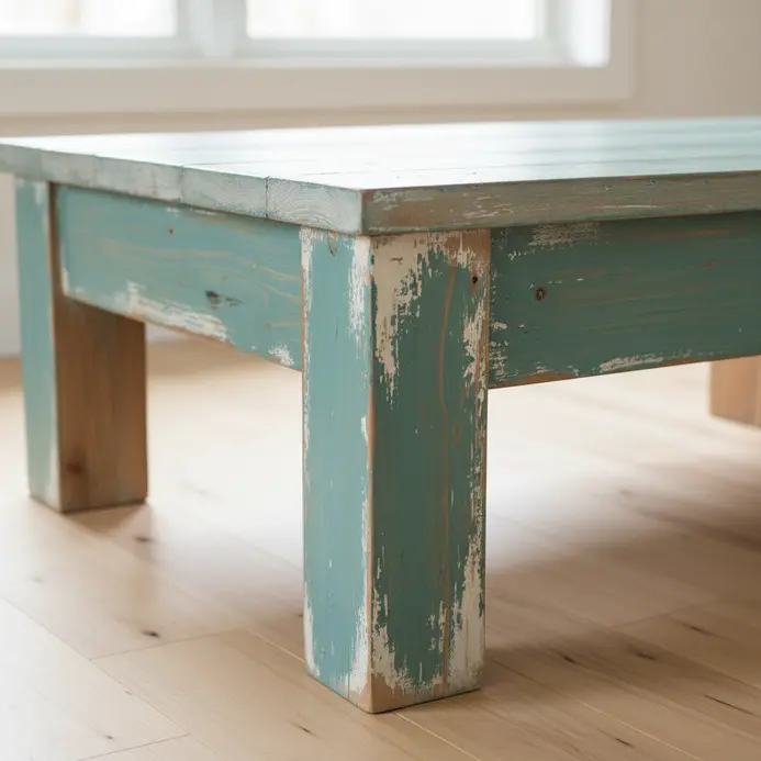 A wooden coffee table with chunky legs painted teal and lightly sanded to show wear.