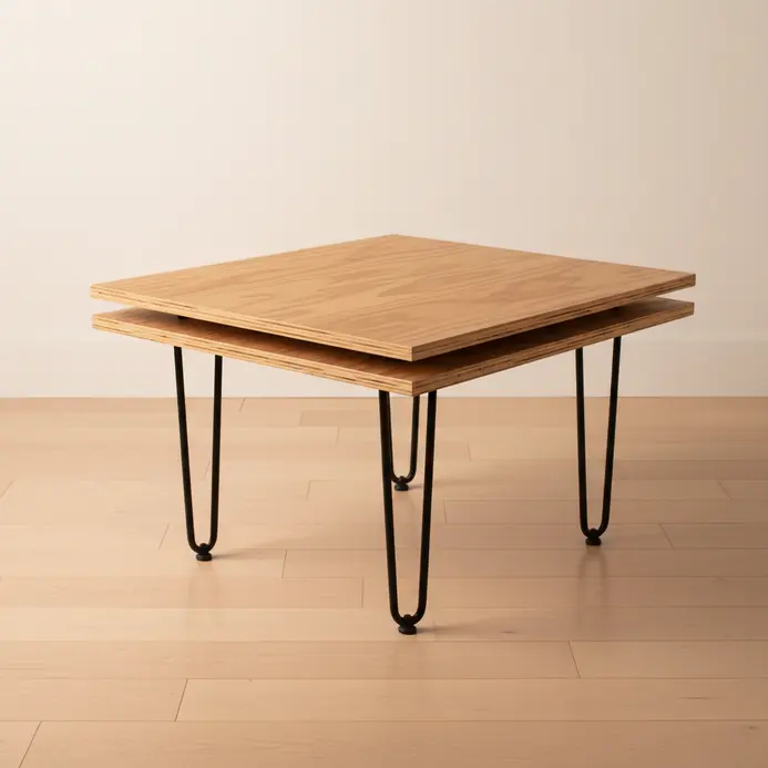 A coffee table with a top made from stacked, offset plywood sheets on thin hairpin legs.