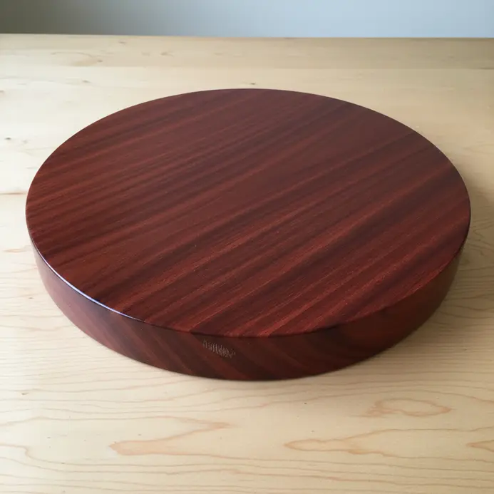 A round mahogany coffee table where the grain flows seamlessly from the top down the curved side.