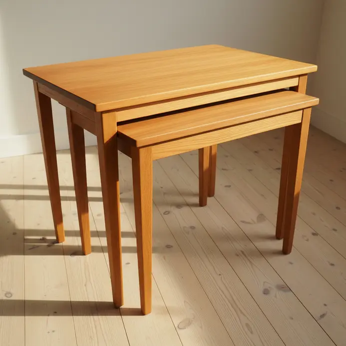 Two small rectangular teak tables with slender legs, designed to slide under one another.