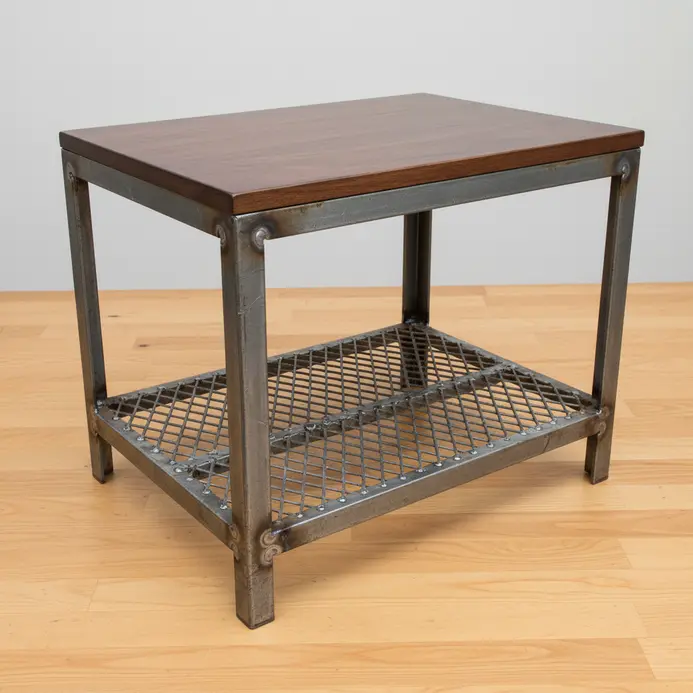 A square coffee table with a wooden top and a lower shelf made of raw steel mesh.