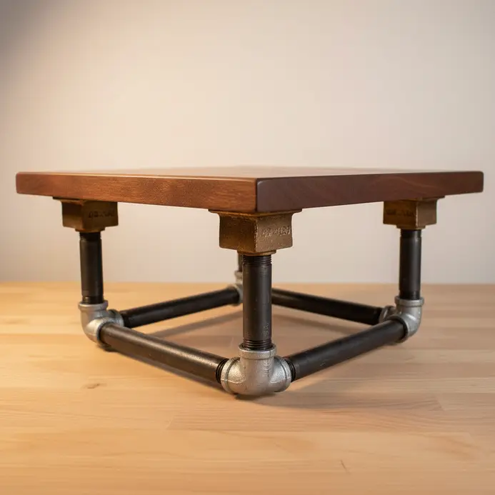 A sturdy coffee table with a wooden top supported by a black steel pipe frame.