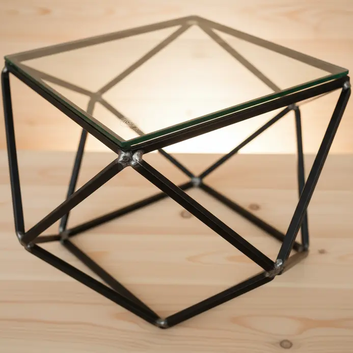 A coffee table with a triangular black metal frame supporting a clear glass top.
