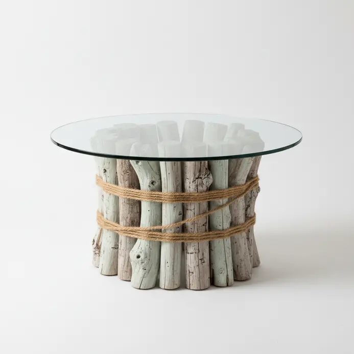 A round glass top resting on a base made from a bundle of whitewashed driftwood pieces.