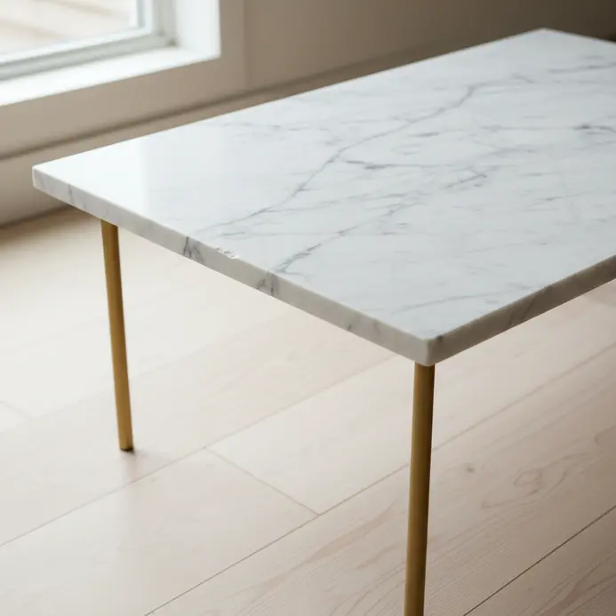 A rectangular coffee table with a white marble top and thin, elegant gold metal legs.