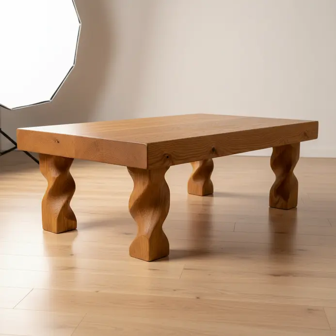 A solid wood coffee table with a rectangular top and four large, beautifully turned legs.