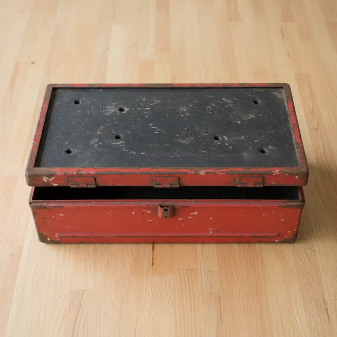 An old red metal industrial toolbox with a flat lid serving as a coffee table.