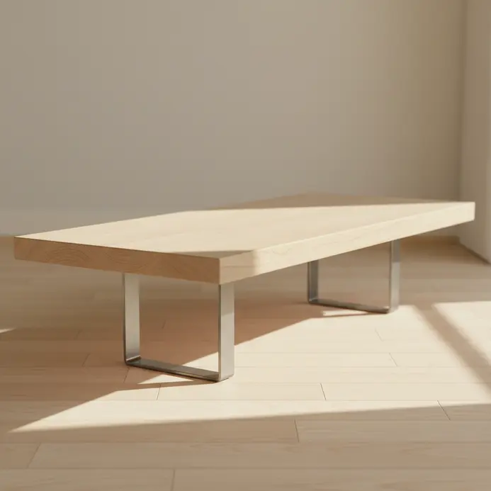 A long, low wooden coffee table mounted to appear like a floating shelf near the floor.