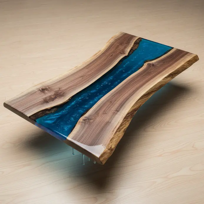 A wooden slab coffee table with a live edge and a flowing blue epoxy resin river in the center.