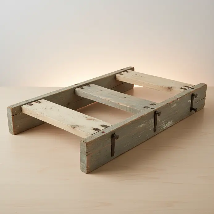 A weathered wooden ladder laid on its side with planks added to create a multi-shelf coffee table.