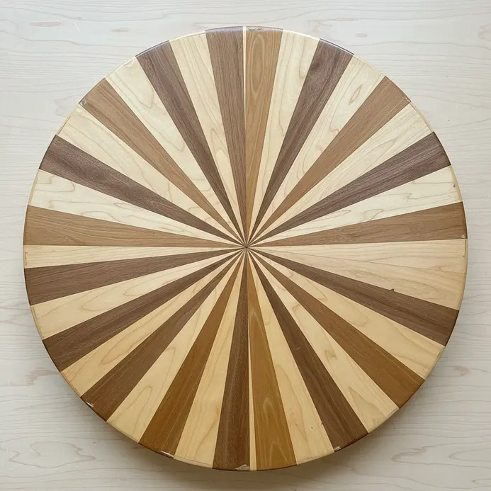 A circular coffee table top featuring a sunburst pattern made from thin wood veneer strips.
