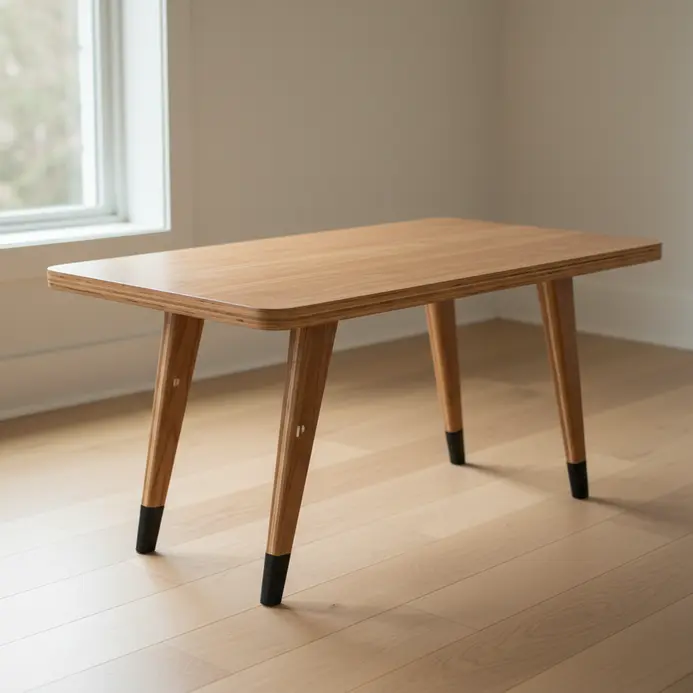 A simple coffee table with a plywood top and two pairs of angled, tapered plywood legs.