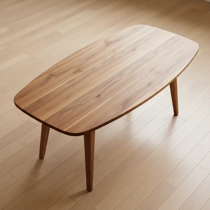 A minimalist wooden coffee table with a rectangular top and four tapered wooden legs.