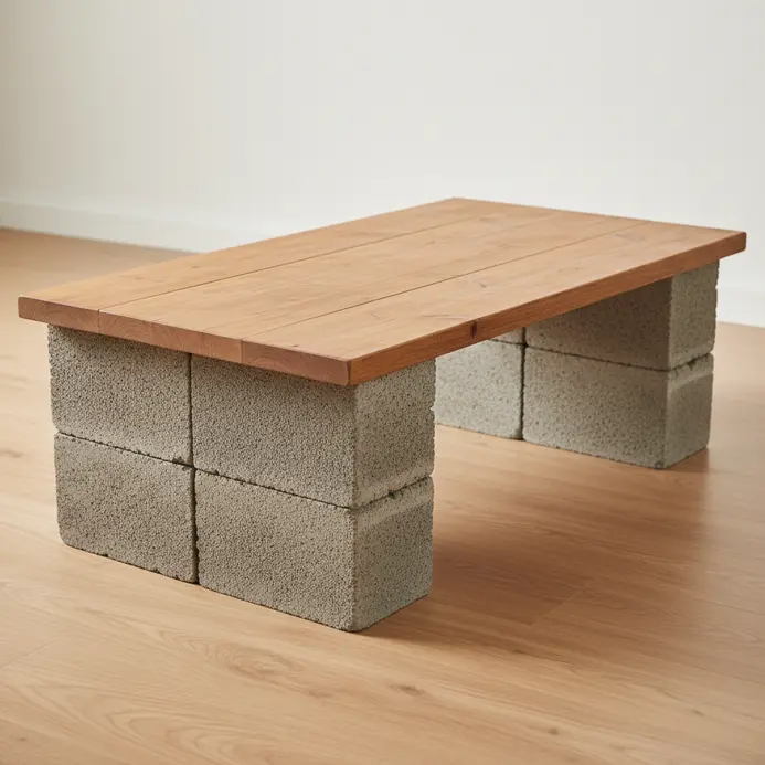 A rectangular coffee table made from gray cinder blocks stacked to support a wooden plank top.