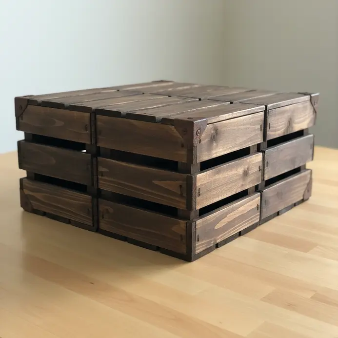 Three stained wooden crates arranged to form a square coffee table with storage.