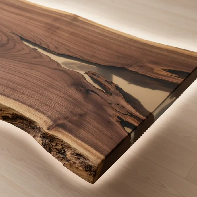 An organic coffee table showcasing the natural wavy edge of a thick walnut slab.