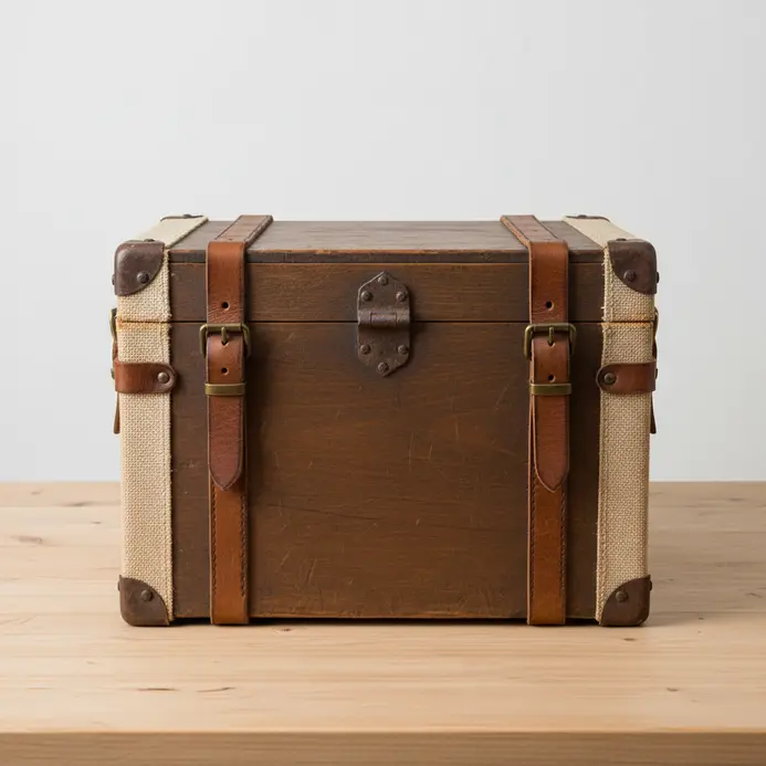 An old leather-strapped trunk serving as a coffee table with a lift-top lid.