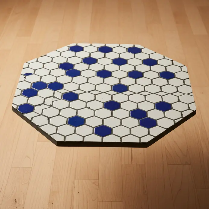 A six-sided coffee table with a geometric pattern of white and blue ceramic tiles.
