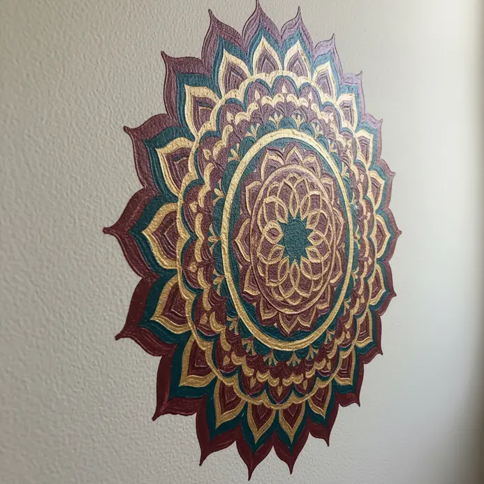 A detailed, symmetrical mandala in jewel tones centered on a white wall.