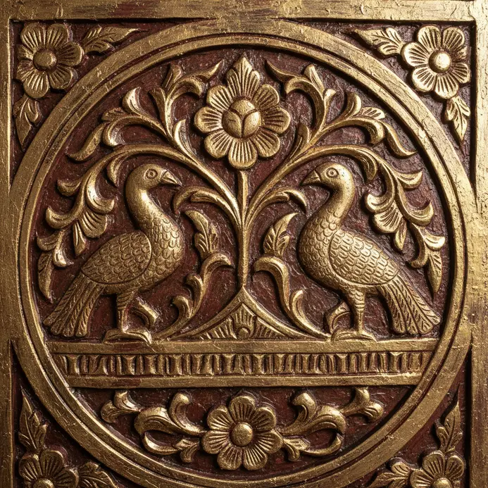 A dark wood door with traditional motifs painted in gold over a textured, embossed surface.